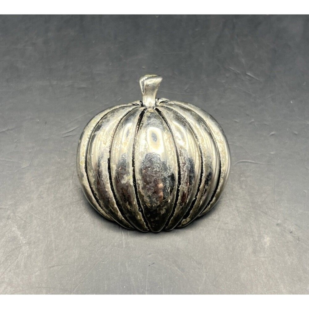 Vintage Pumpkin Brooch Pin Pendant Silver Tone Puffy Style Fall Autumn Halloween